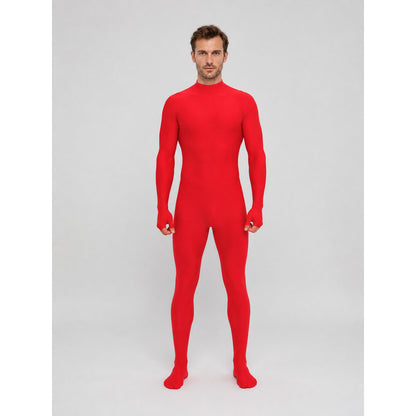 Red Form-Fitting Zentai Jumpsuit with High Collar on-model view