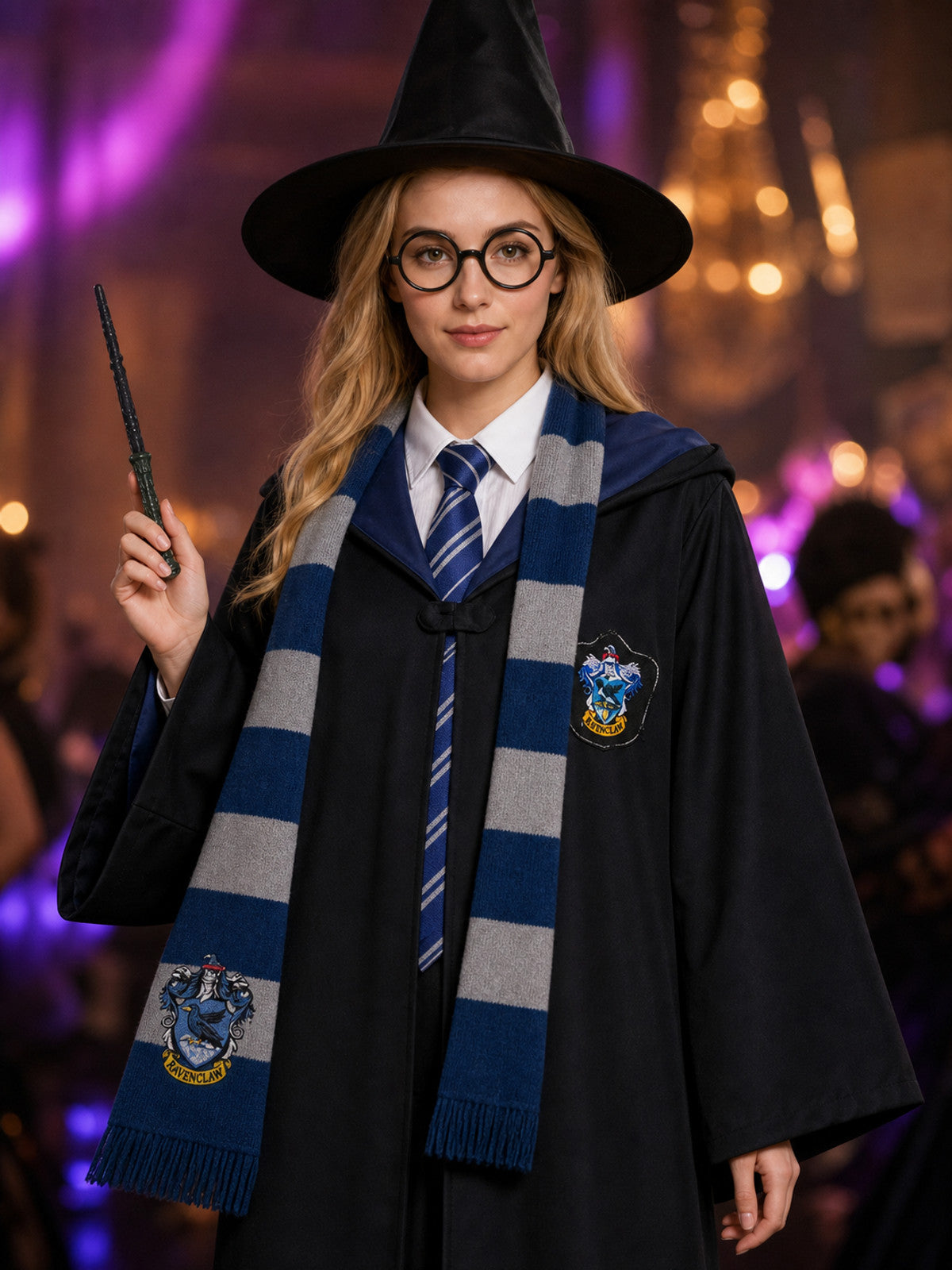Unisex Hooded Wizard Halloween Costume Set with Scarf, Glasses, Wand & Hat on-model view