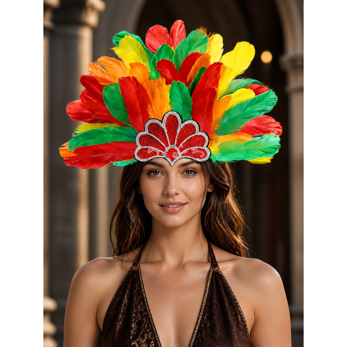 Multicolor feather carnival headpiece with beads main product view