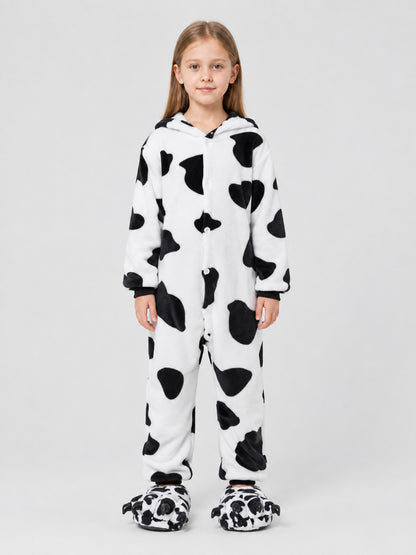 Kids' Hooded Pajama Jumpsuit with Spotted Pattern