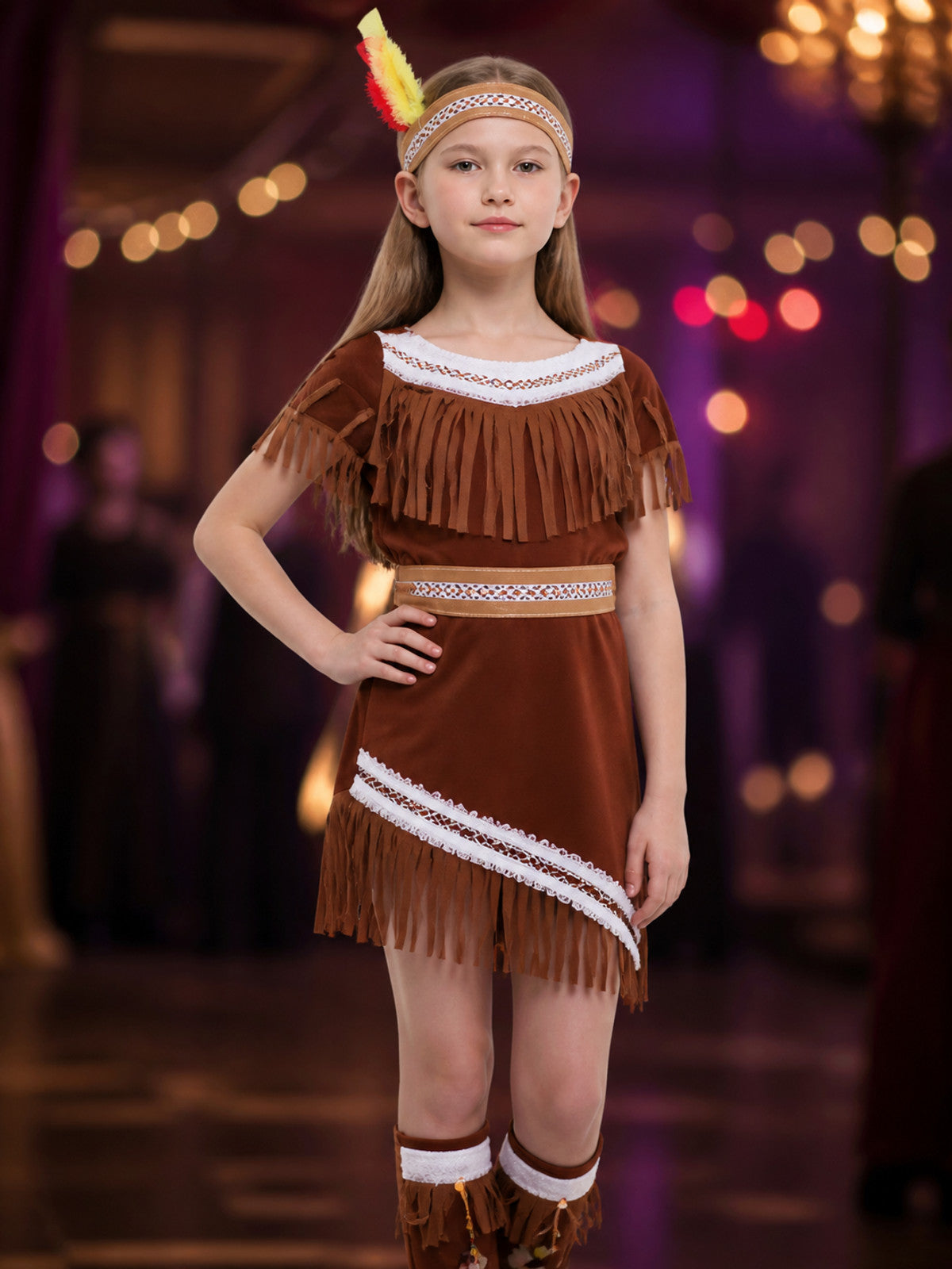 Native American Princess Costume G-0209 with Fringe for Costume Parties on-model view
