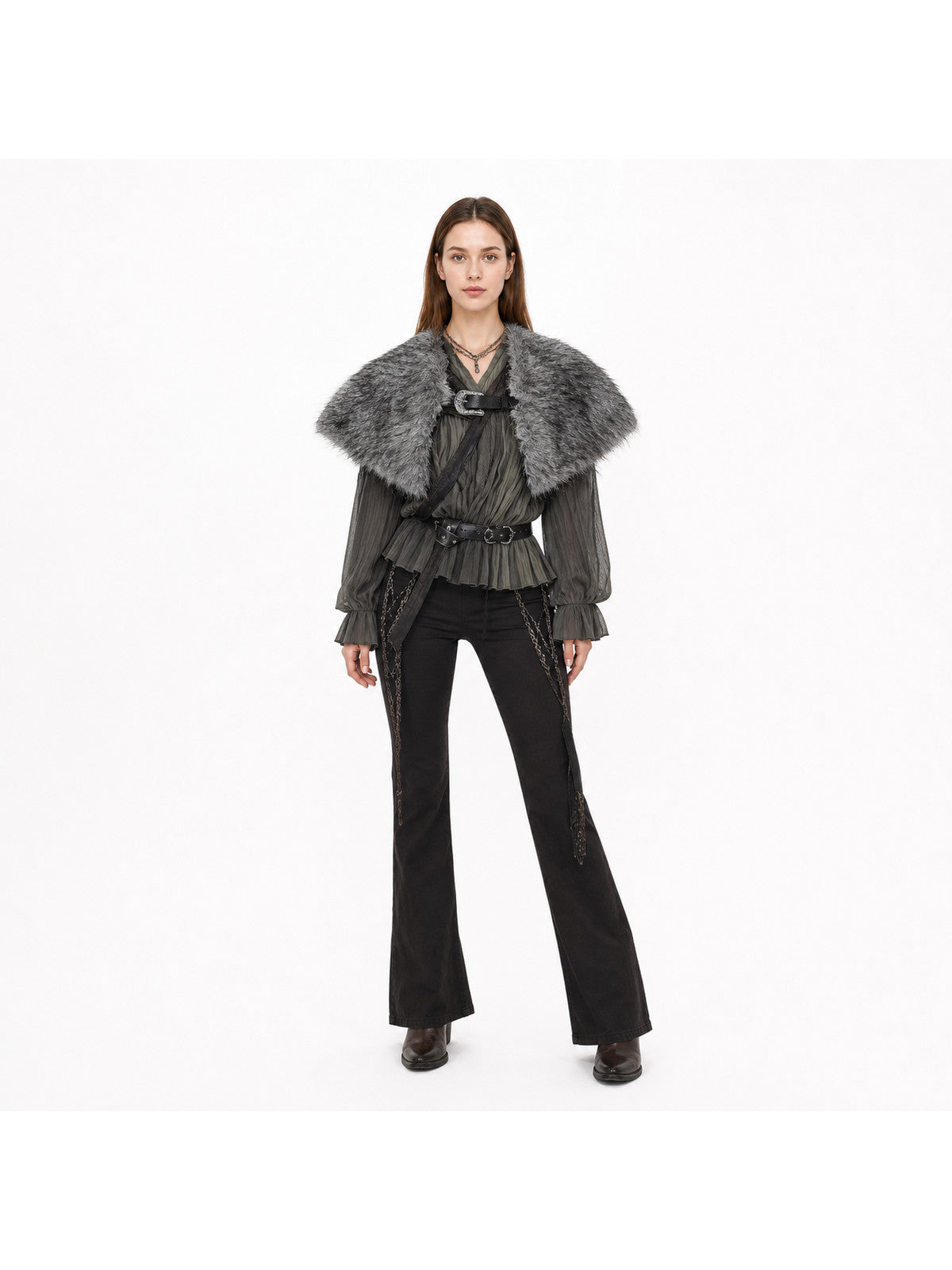 Dark gray plush-textured shoulder shawl with wide coverage and front clasp, shown on a model against a white background