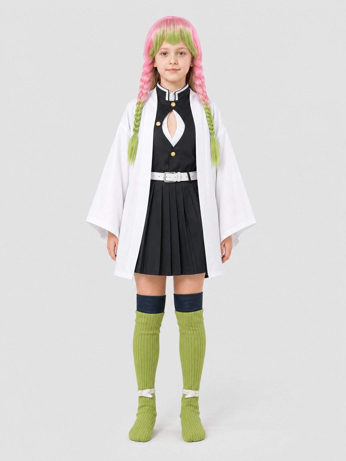 Shinobu Cosplay Costume from the Anime with Cape and Wig on-model view