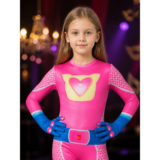 Kids Cat Costume Bodysuit with Face Mask, Heart Badge, and Blue Belt – Halloween on-model view