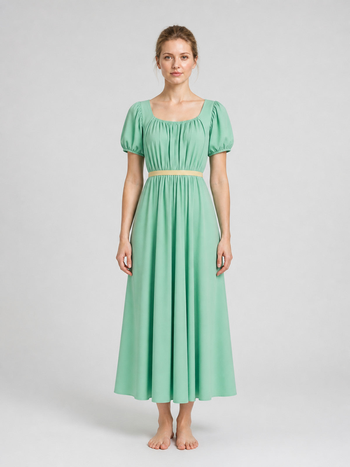 Mint Bridgerton Dress with Puff Sleeves and High Waist on-model view