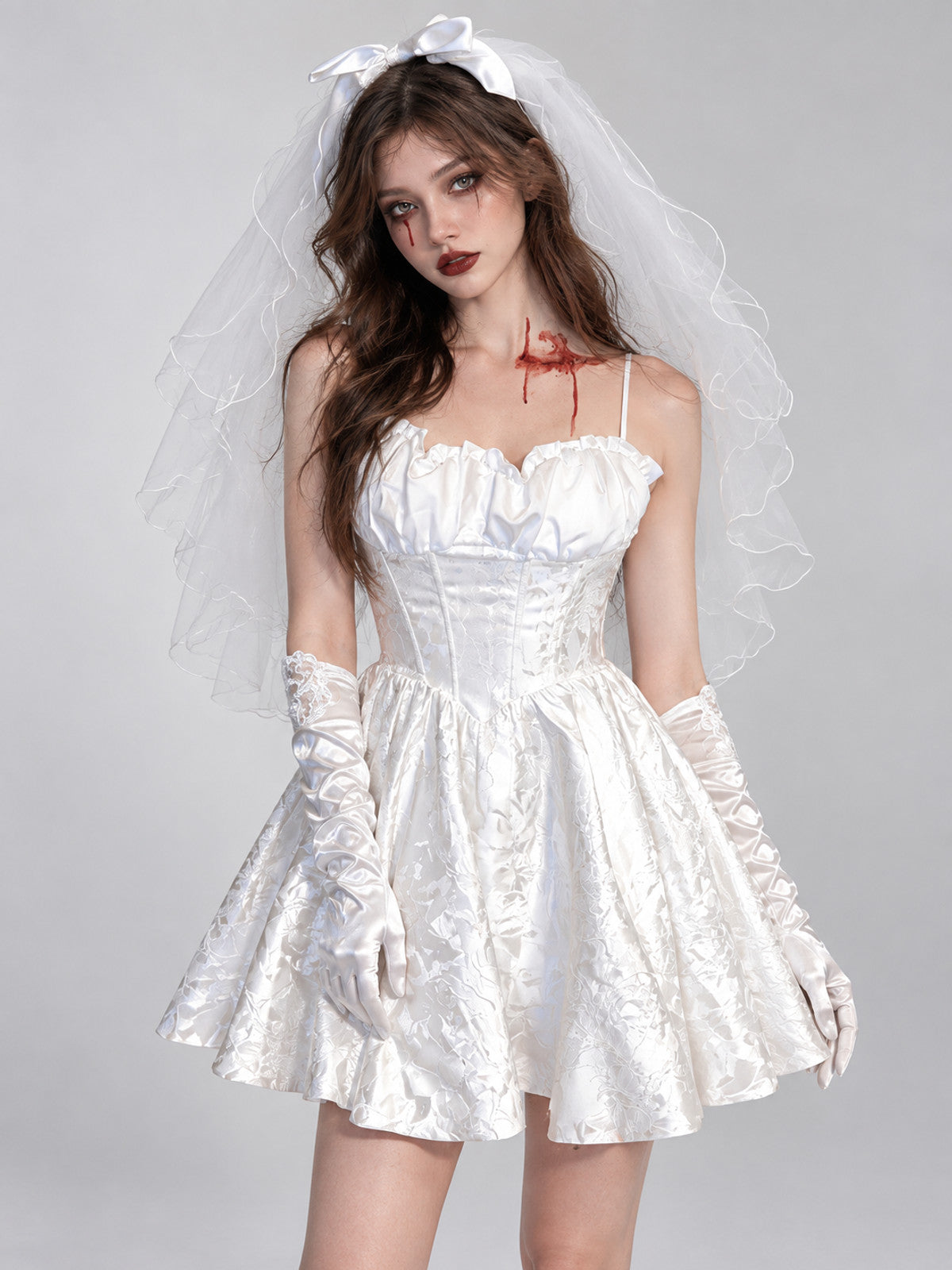Ghost Bride Halloween Costume White with Veil and Blood