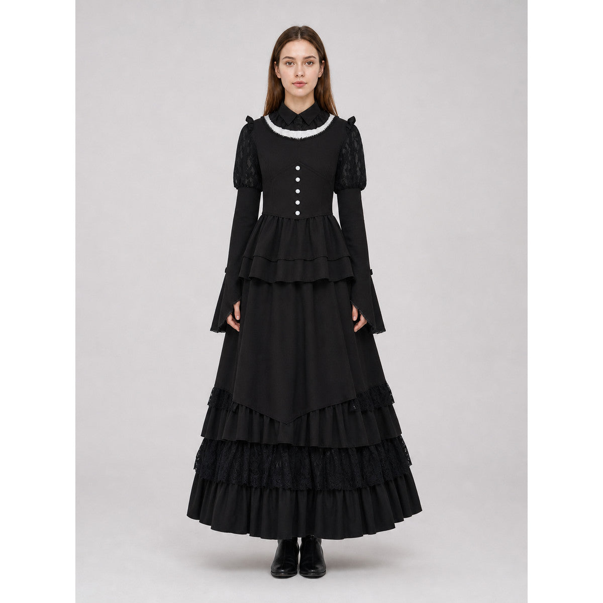 Gothic Dress with a High Collar and Ruffles