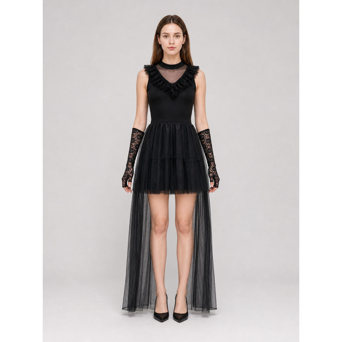 Gothic costume dress with veil and gloves front view