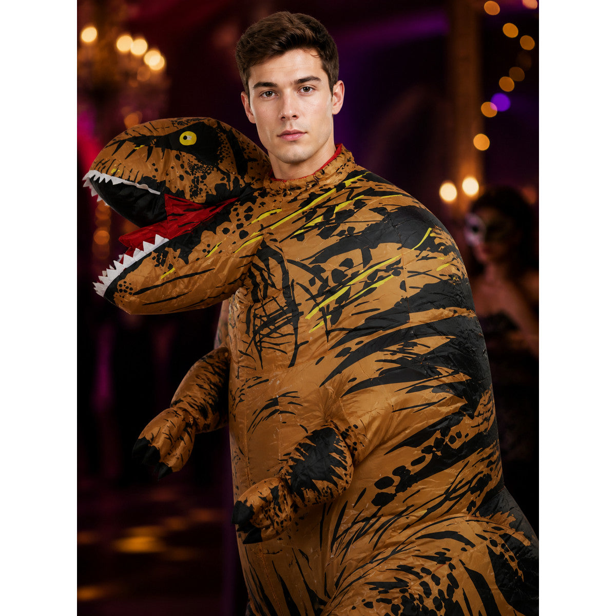 Brown Dinosaur Costume with Open Mouth and Long Tail on-model view