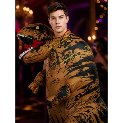 Brown Dinosaur Costume with Open Mouth and Long Tail on-model view