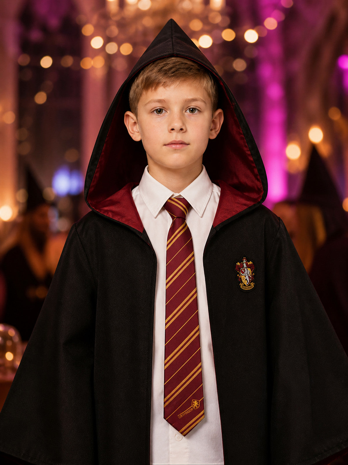 Hooded Wizard Robe Costume Set with Shirt and Striped Tie, Academy-Style Fantasy on-model view