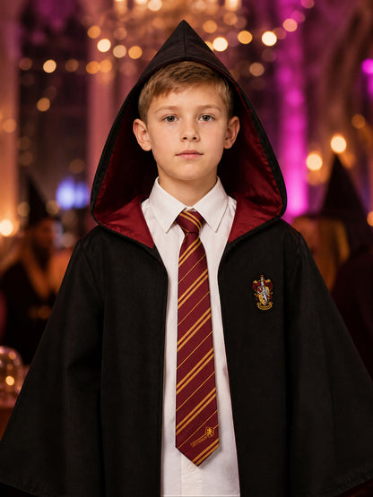 Hooded Wizard Robe Costume Set with Shirt and Striped Tie, Academy-Style Fantasy on-model view