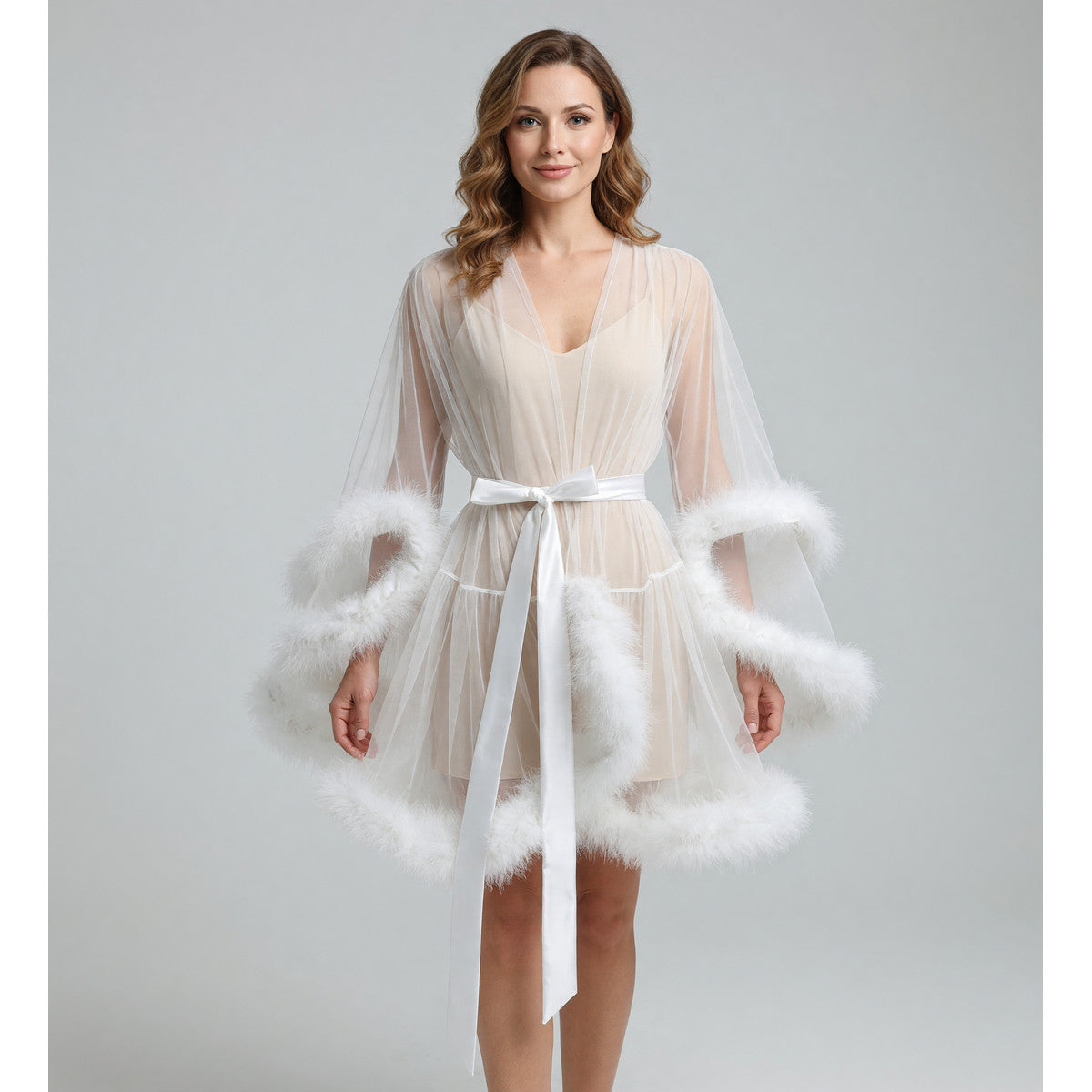 White Semi-Transparent Cape with Ties and Fluffy Trim