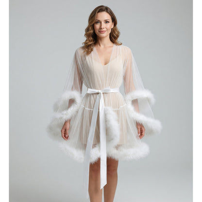 White Semi-Transparent Cape with Ties and Fluffy Trim