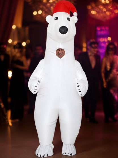 Polar Bear Inflatable Costume with Red Santa Hat and Black Claws for Halloween on-model view