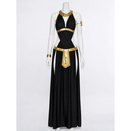 Cleopatra Costume with Gold Jewelry, Black Dress on-model view