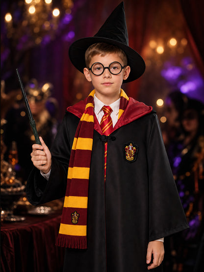Kids Wizard Robe Costume Set, Hooded Cloak with Striped Scarf, Tie, Hat, Glasses