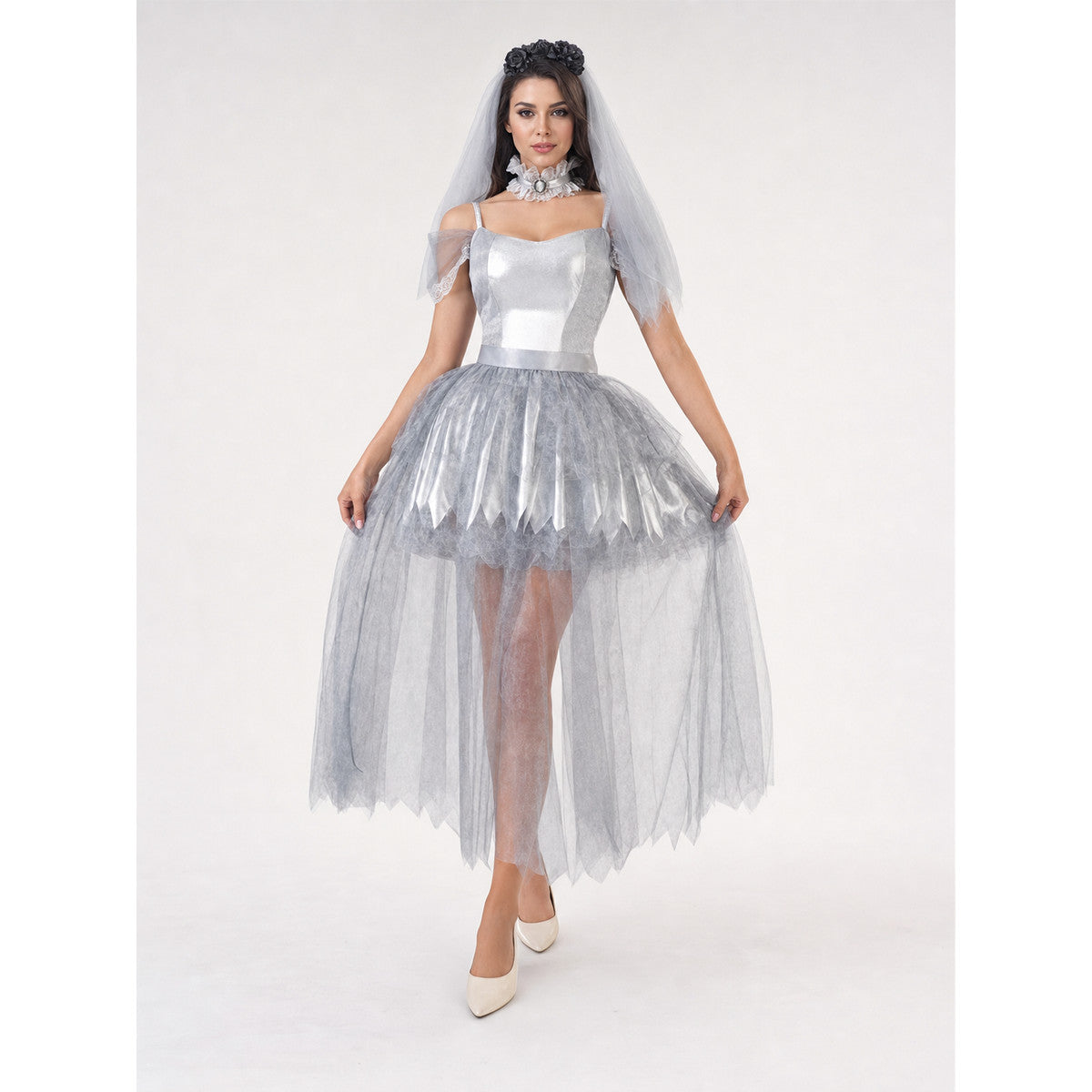 Wedding Costume with Veil and Layered Skirt on-model view