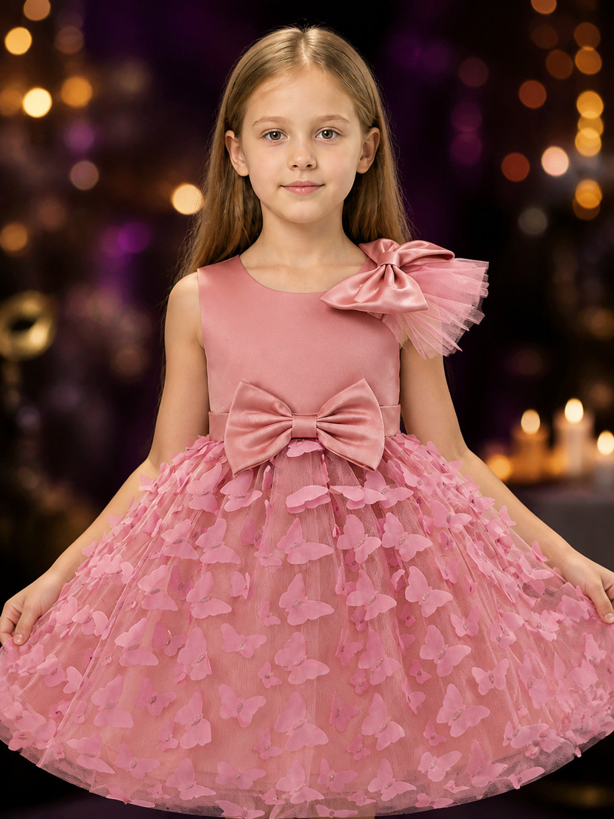 Baby Girls' Butterfly Princess Dress, Layered Tulle Flower Girl Party Outfit on-model view