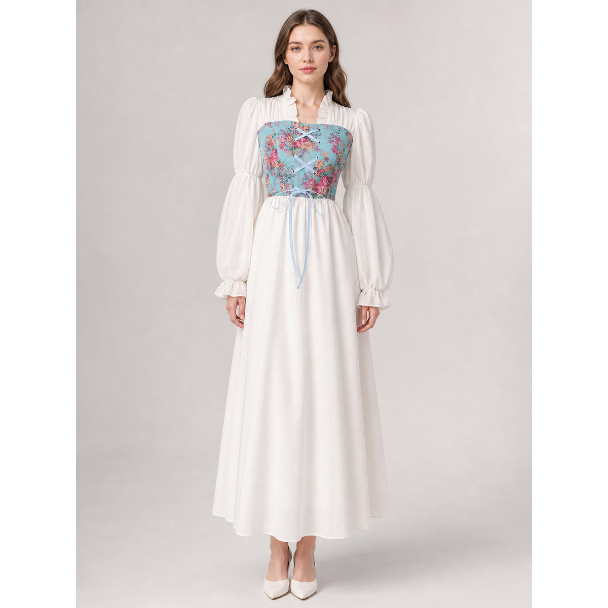 White Long Dress with Floral Print and Lace-Up Detail