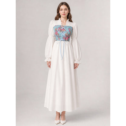 White Long Dress with Floral Print and Lace-Up Detail