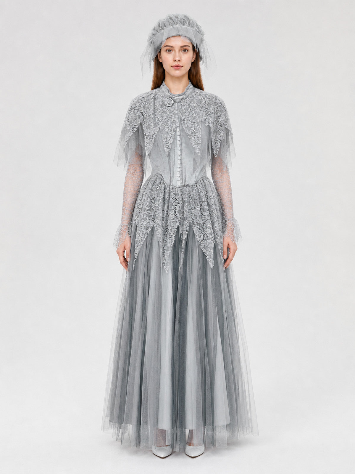 Gray Gothic Mesh Dress for Cosplay on-model view
