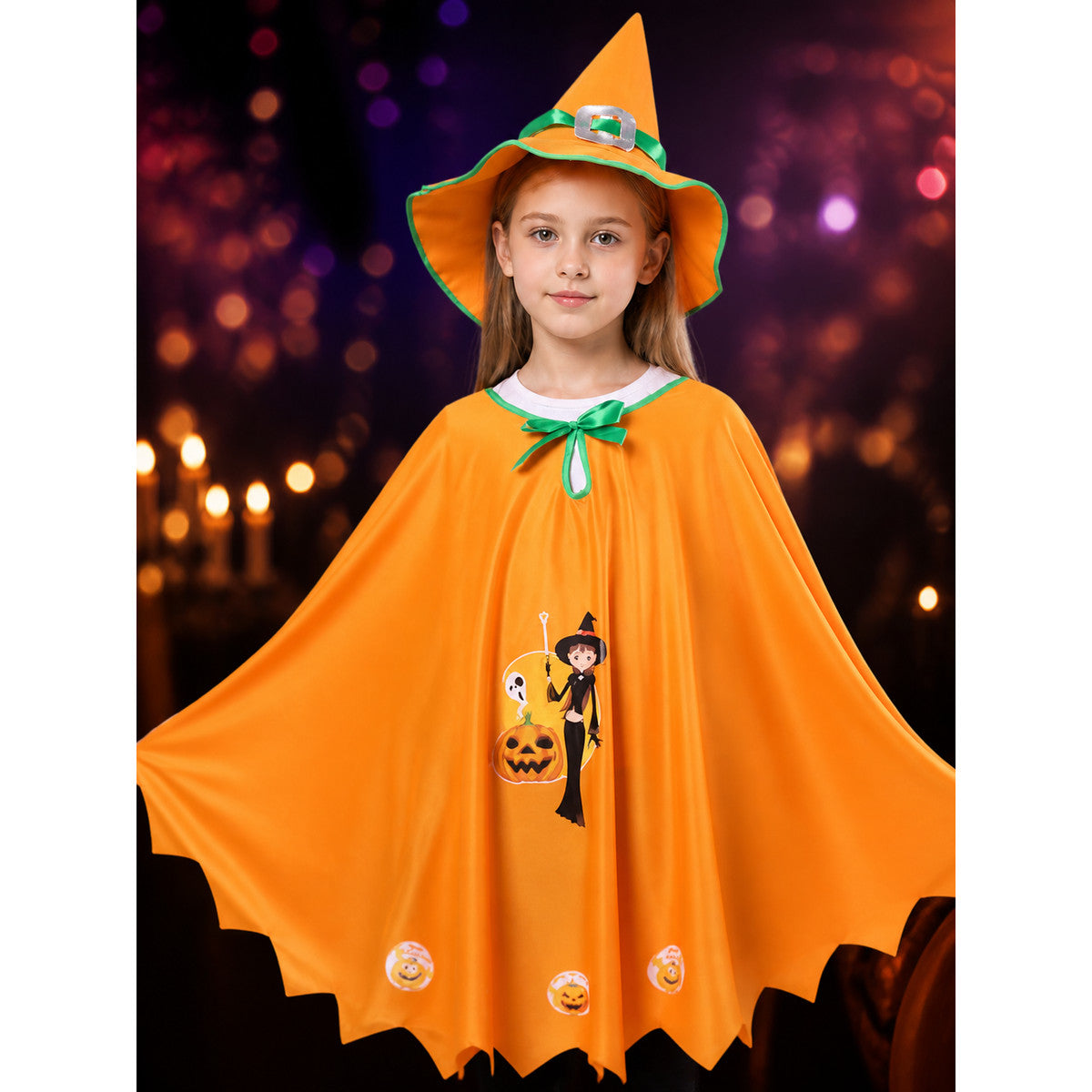 Carnival Costume with Cape and Pointed Hat on-model view