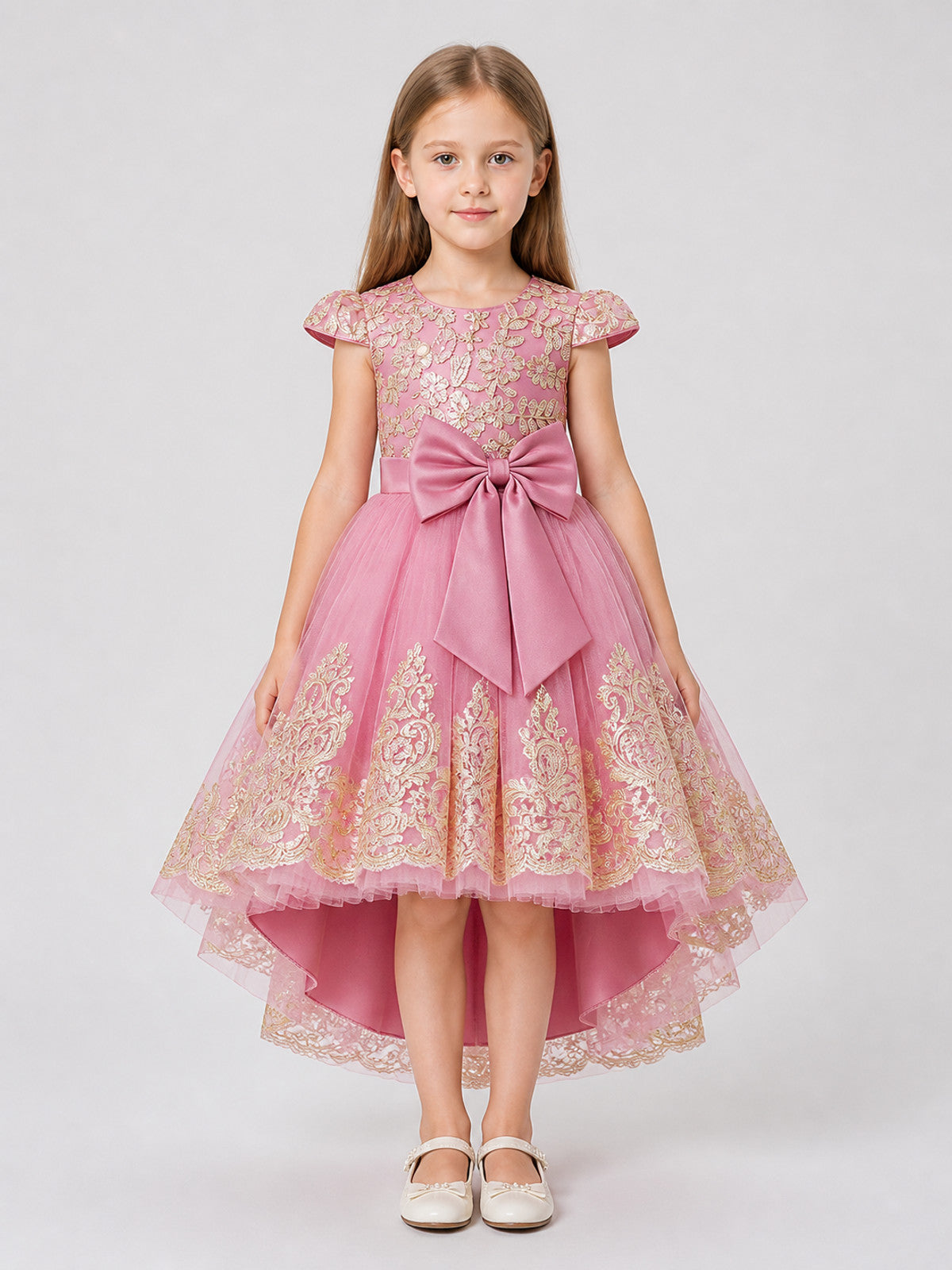 Party Dress with Gold Embroidery, Bow, and Train on-model view