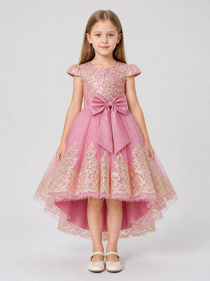 Party Dress with Gold Embroidery, Bow, and Train on-model view