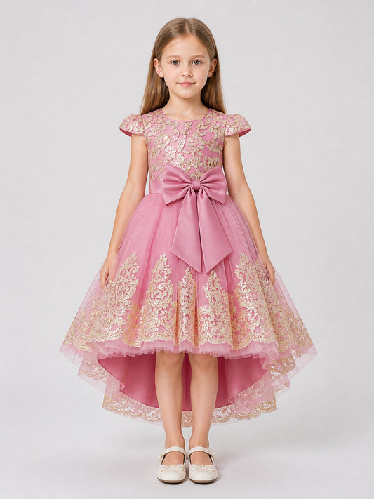 Party Dress with Gold Embroidery, Bow, and Train on-model view