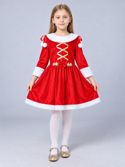 Kids' Christmas Dress with Gold Lacing and Stars