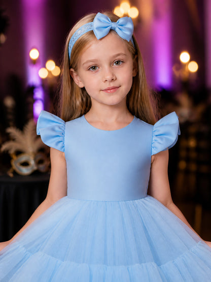 Girls' Blue Princess Dress Set with Lace Headband, Satin Bodice and Layered on-model view