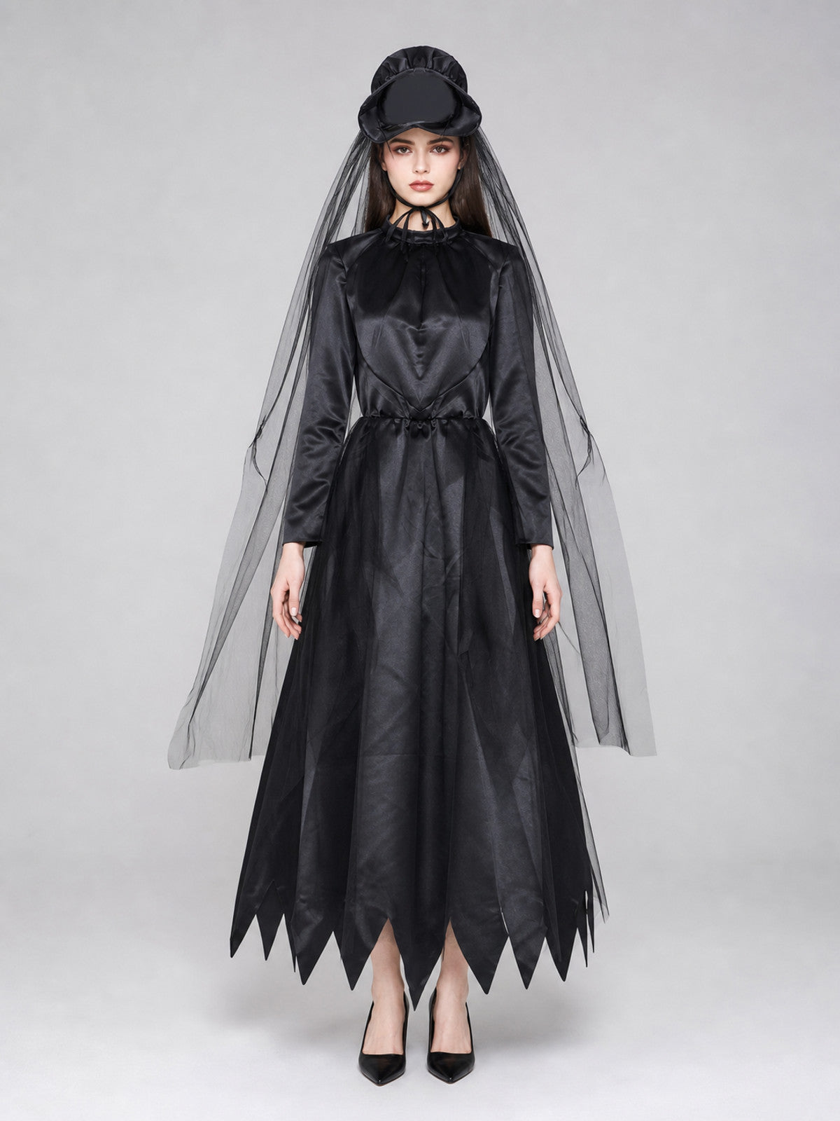Witch Costume with Hat and Sheer Veil front view