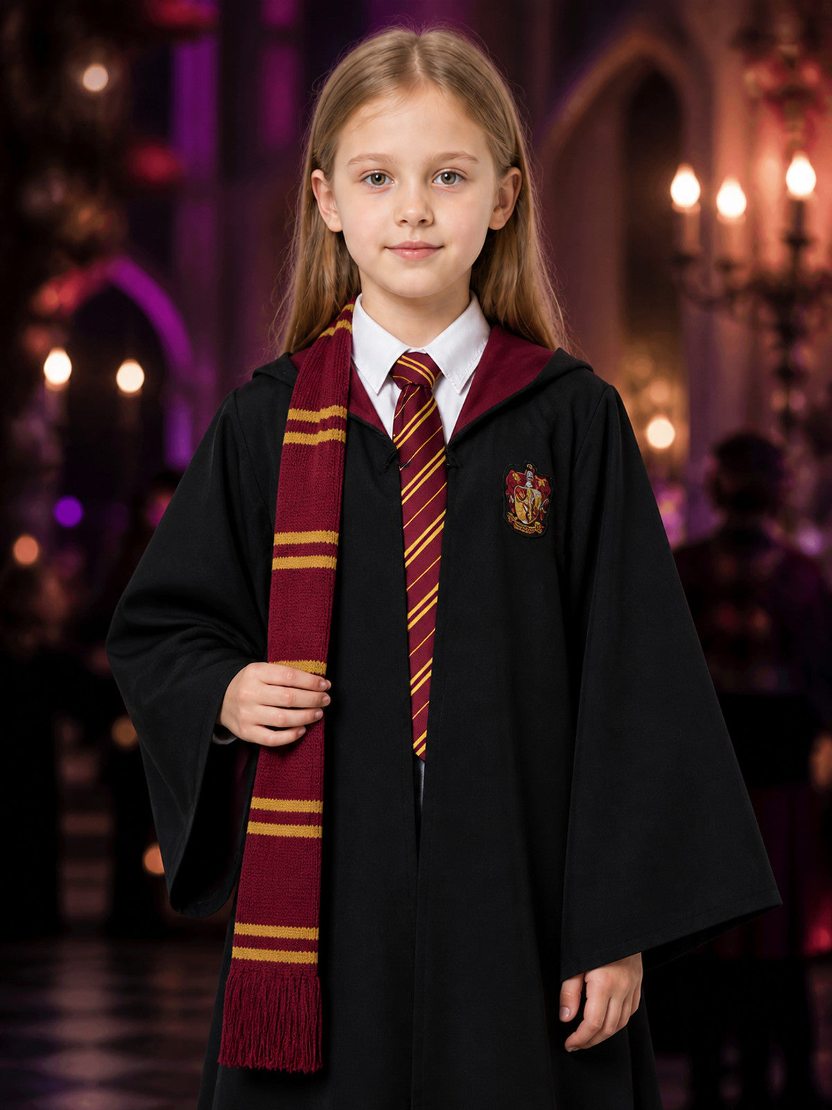 Wizard Robe Costume Set with Striped Scarf, Tie and Chest Badge on-model view