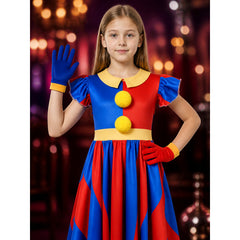 Pomni Clown Costume Dress Set, Red Blue Geometric Dress With Matching Gloves