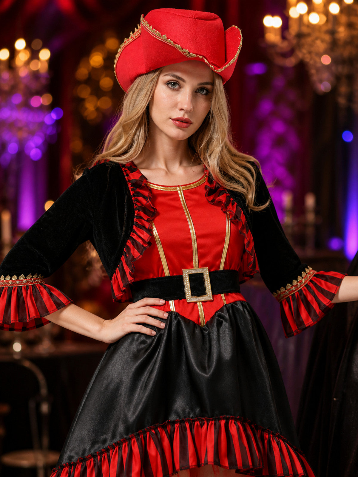 Women's Red and Black Pirate Captain Costume Set with Jacket, Dress, Hat and on-model view