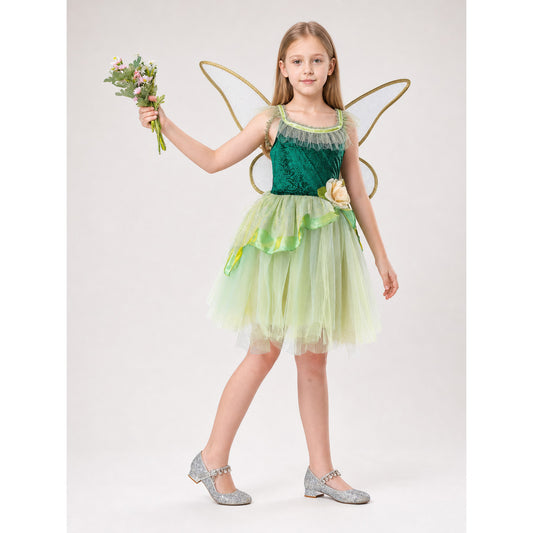 This children's dress is designed as a forest fairy costume and is suitable for performances and the June 1 holiday. The style features a green top with a jacquard pattern, a neat neckline with a ruffle, and a fit that emphasizes the waist.
