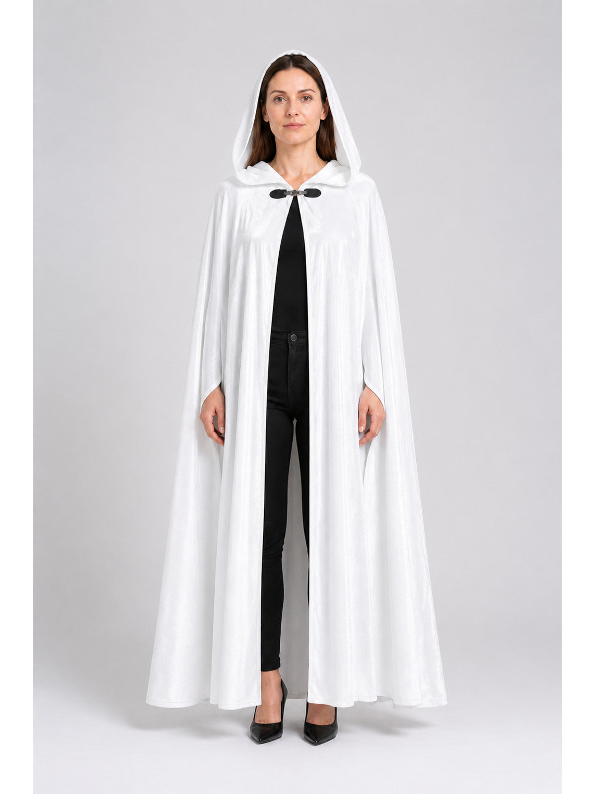 White Long Hooded Cape with Black Bow