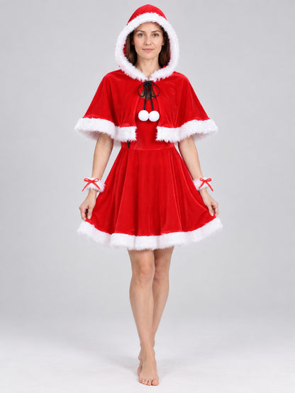 Carnival Costume with Red Dress and Hooded Cape on-model view
