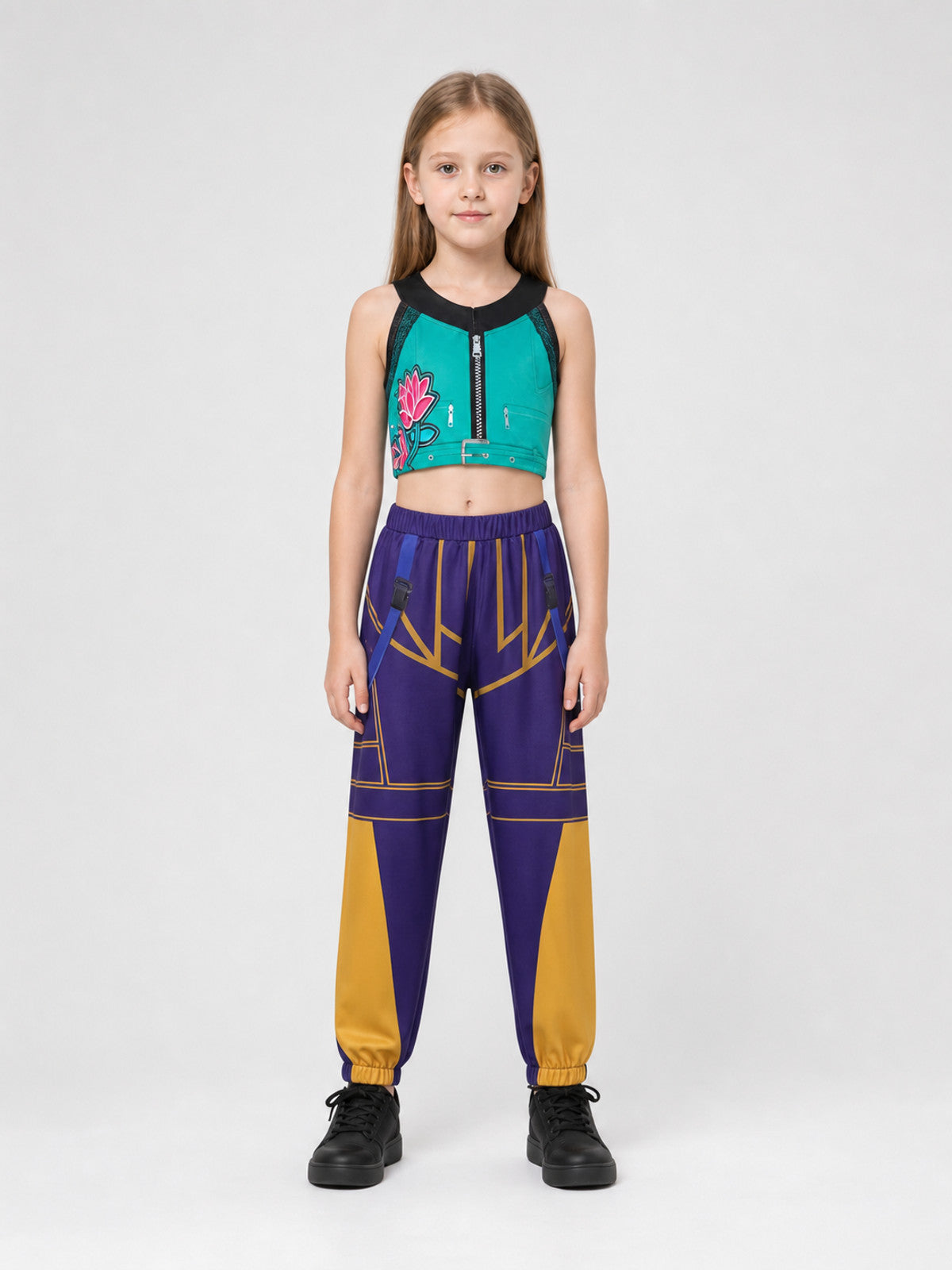 Cosplay Costume: Sleeveless Zip-Up Top and Pants on-model view