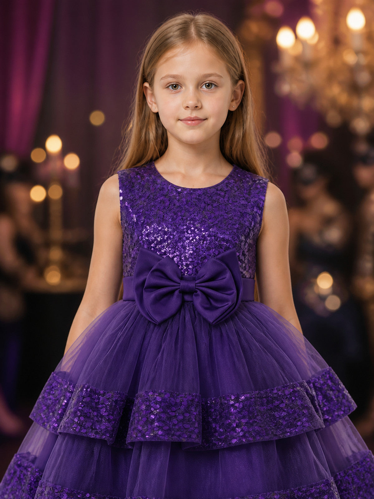 Toddler Girls' Purple Sequin Princess Dress, Layered Tulle Skirt, Sleeveless on-model view
