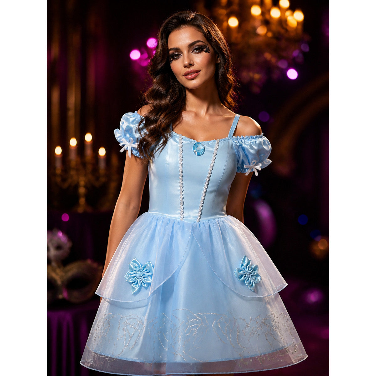 Girls Princess Cosplay Dress Costume, Light Blue Puffy Sleeve Tutu with Silver on-model view