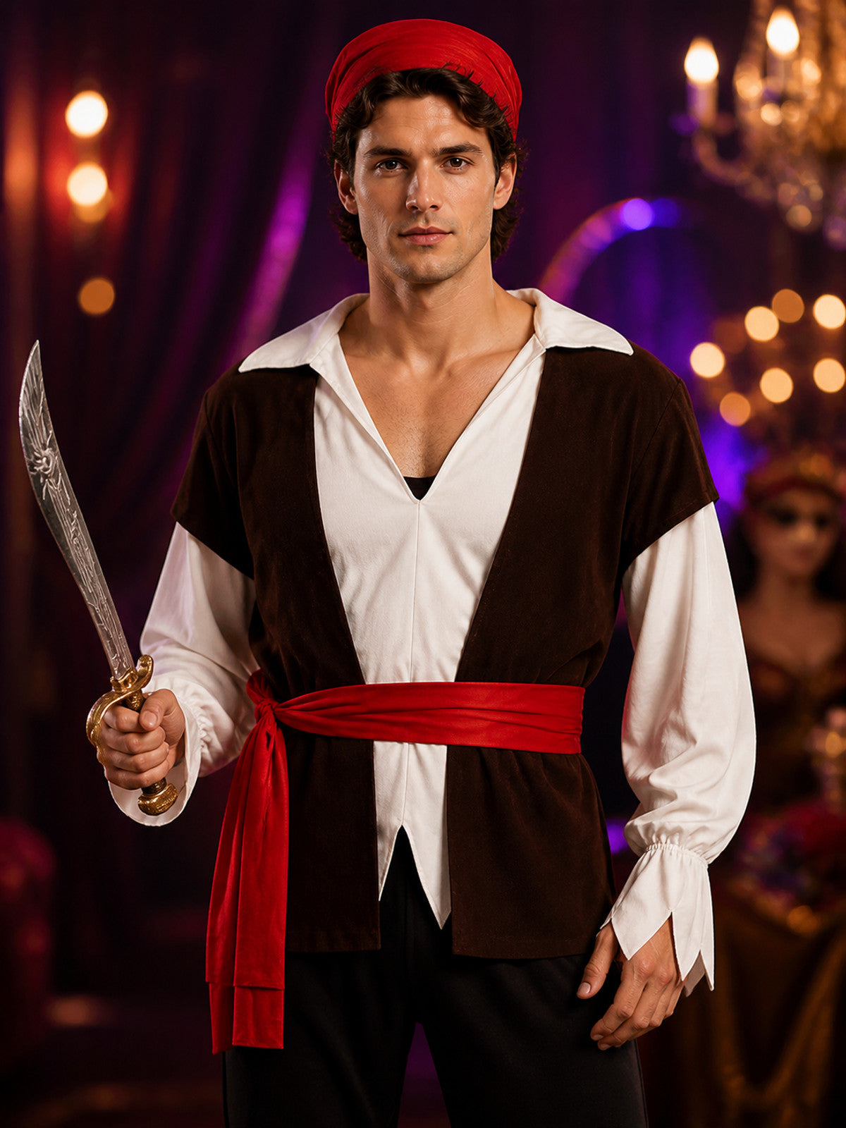 Pirate Carnival Costume with Vest and Boots on-model view
