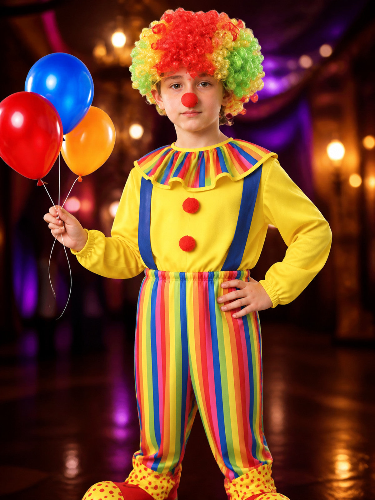 Boys' Colorful Clown Jumpsuit Costume Set with Wig, Nose and Shoe Covers on-model view