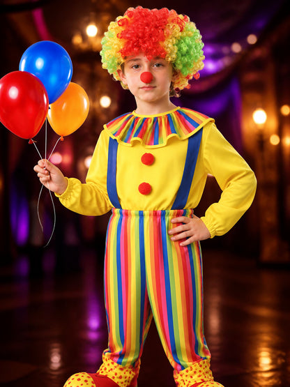 Boys' Colorful Clown Jumpsuit Costume Set with Wig, Nose and Shoe Covers on-model view