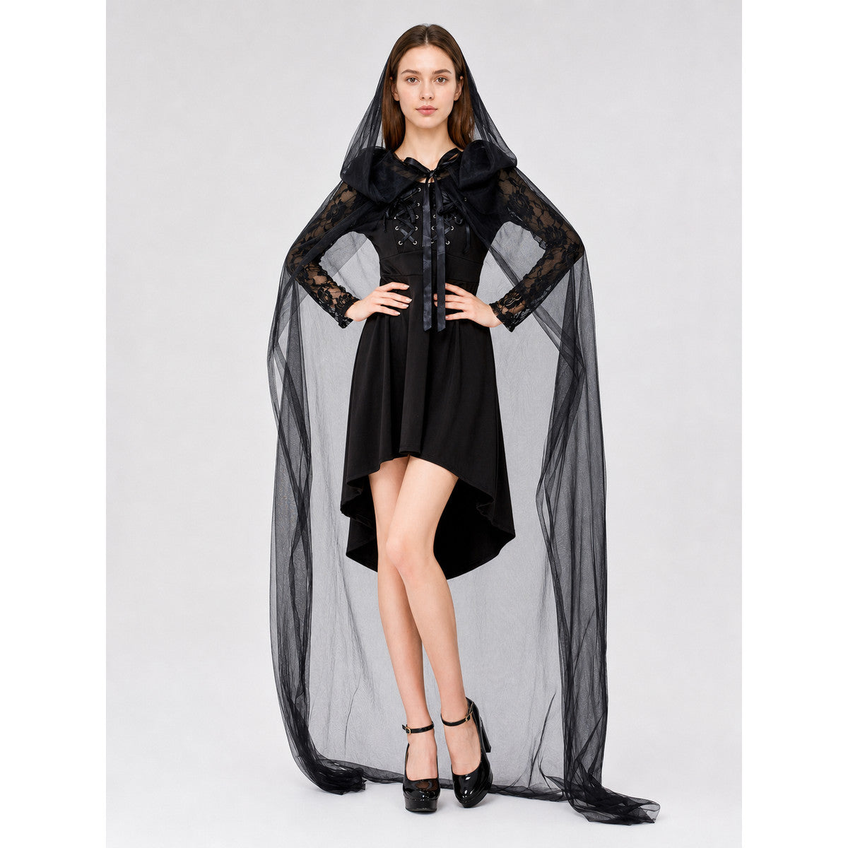 Gothic Costume with Hood, Lace, and Cape