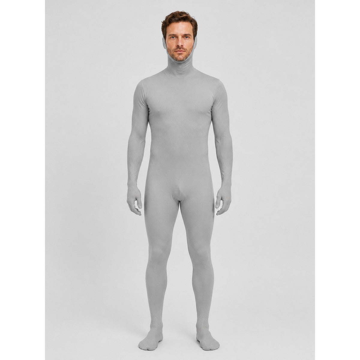 Gray Zentai Suit with Hood and Open Face on-model view