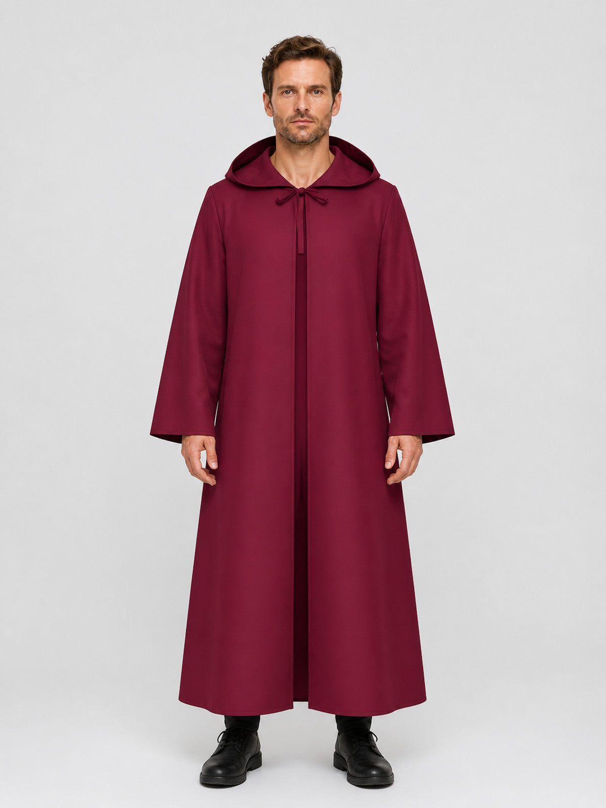 Burgundy Long Hooded Cape for Vampire Cosplay on-model view