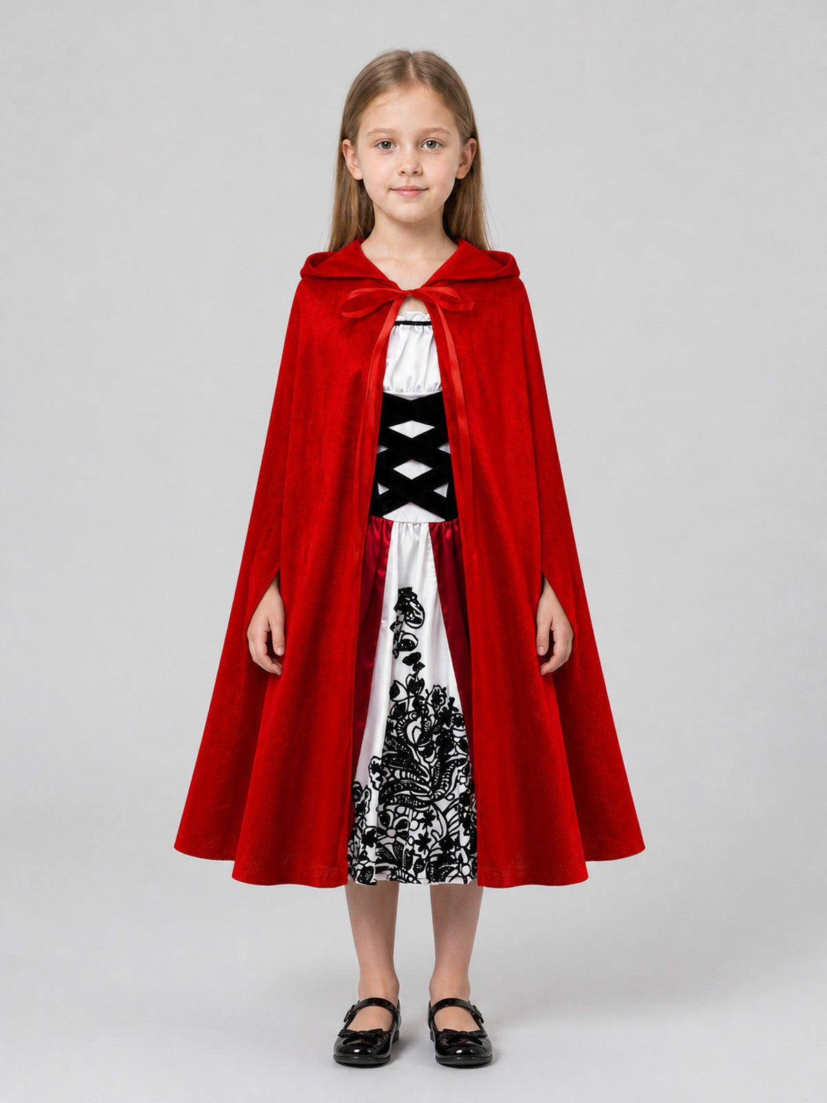 Halloween Costume: Dress and Red Hooded Cape on-model view