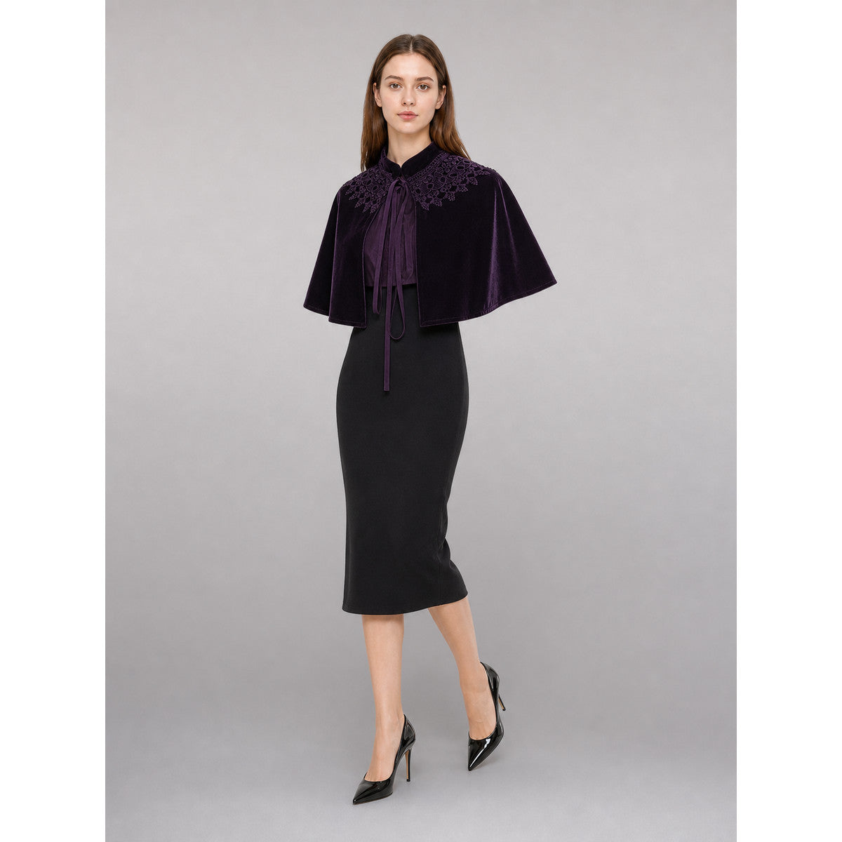 Purple Carnival Cape with a High Collar front view